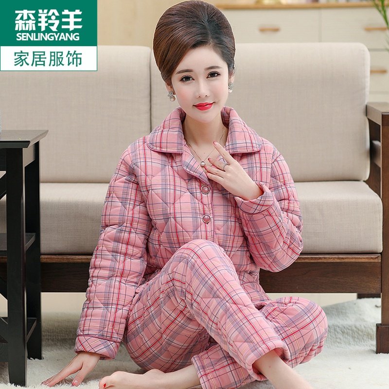中老年人加厚保暖纯棉睡衣冬季女士三层夹棉妈妈款棉袄家居服套装