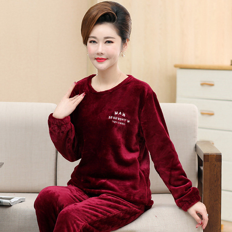 中年妈妈圆领珊瑚绒女士睡衣秋冬季加绒加厚保暖可外穿家居服套装