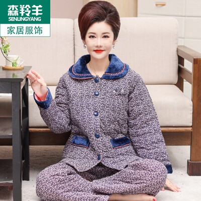 冬女士纯棉夹棉长袖长裤妈妈睡衣