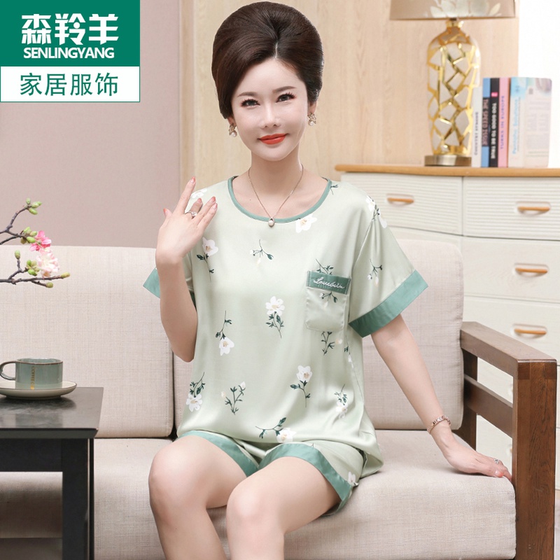 2025年新款夏季妈妈冰丝睡衣女士韩版短袖短裤大码丝绸家居服套装