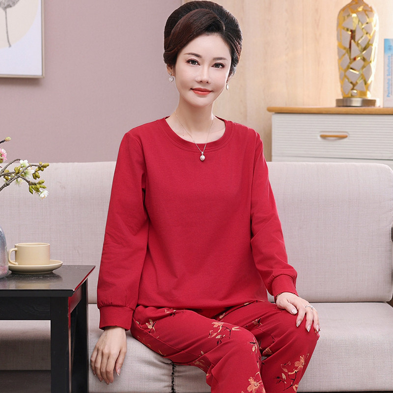 睡衣女春秋季中年妈妈纯棉长袖秋冬大红色本命年外穿家居服套装薄