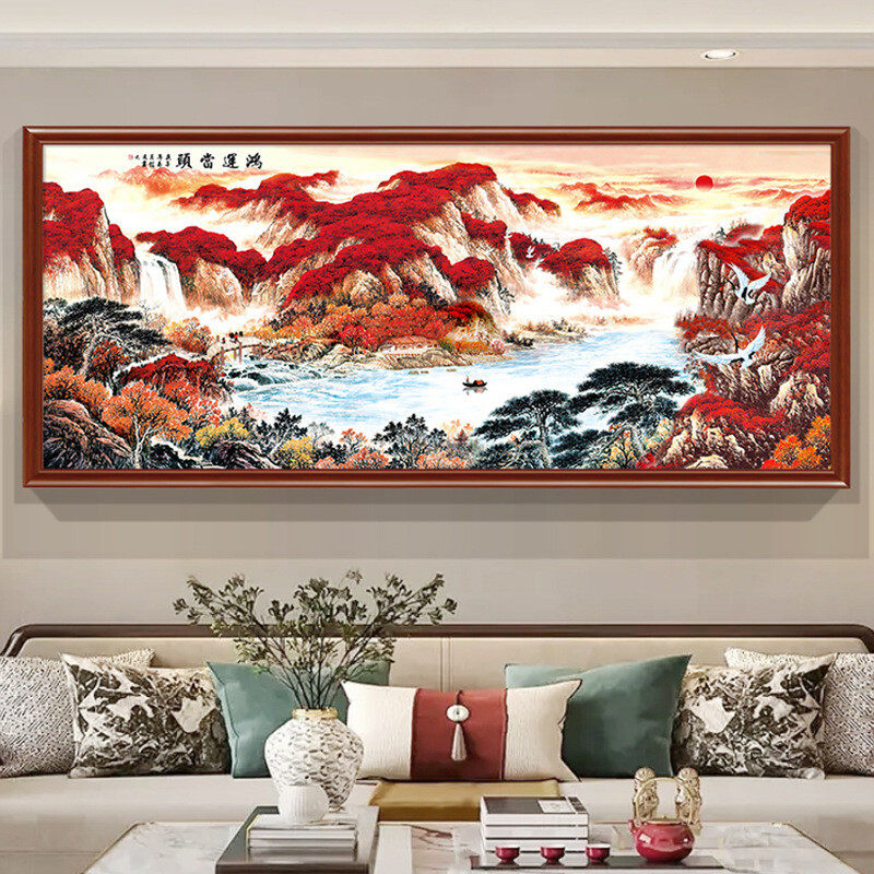 山水画客厅挂画鸿运当头国画风水靠山中式画办公室背景实木装饰画