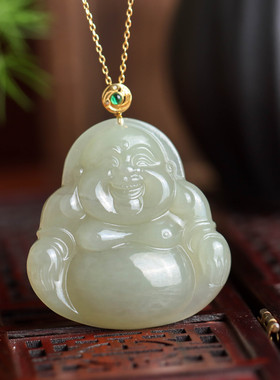 熹瑞18K金镶嵌和田玉青玉佛公国潮国风气质百搭送礼女款吊坠