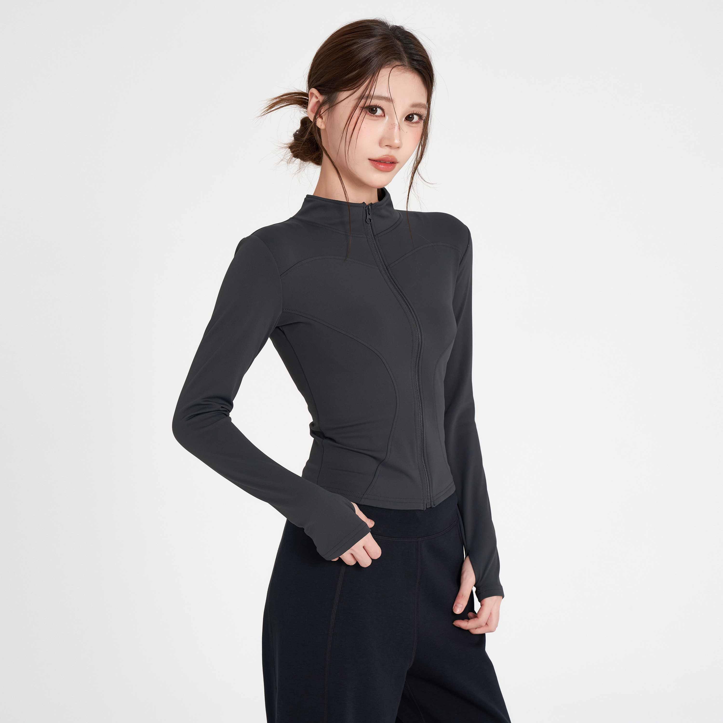 岚纹立领健身服瑜伽外套女加绒跑步训练骑行长袖爬山运动上衣冬季