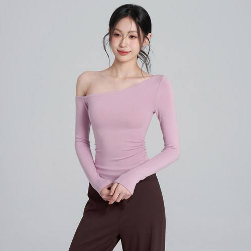 斜肩瑜伽服运动T恤健身长袖女