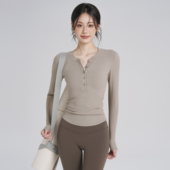 岚纹秋冬透气运动上衣女跑步纽扣健身长袖 普拉提训练服紧身瑜伽服