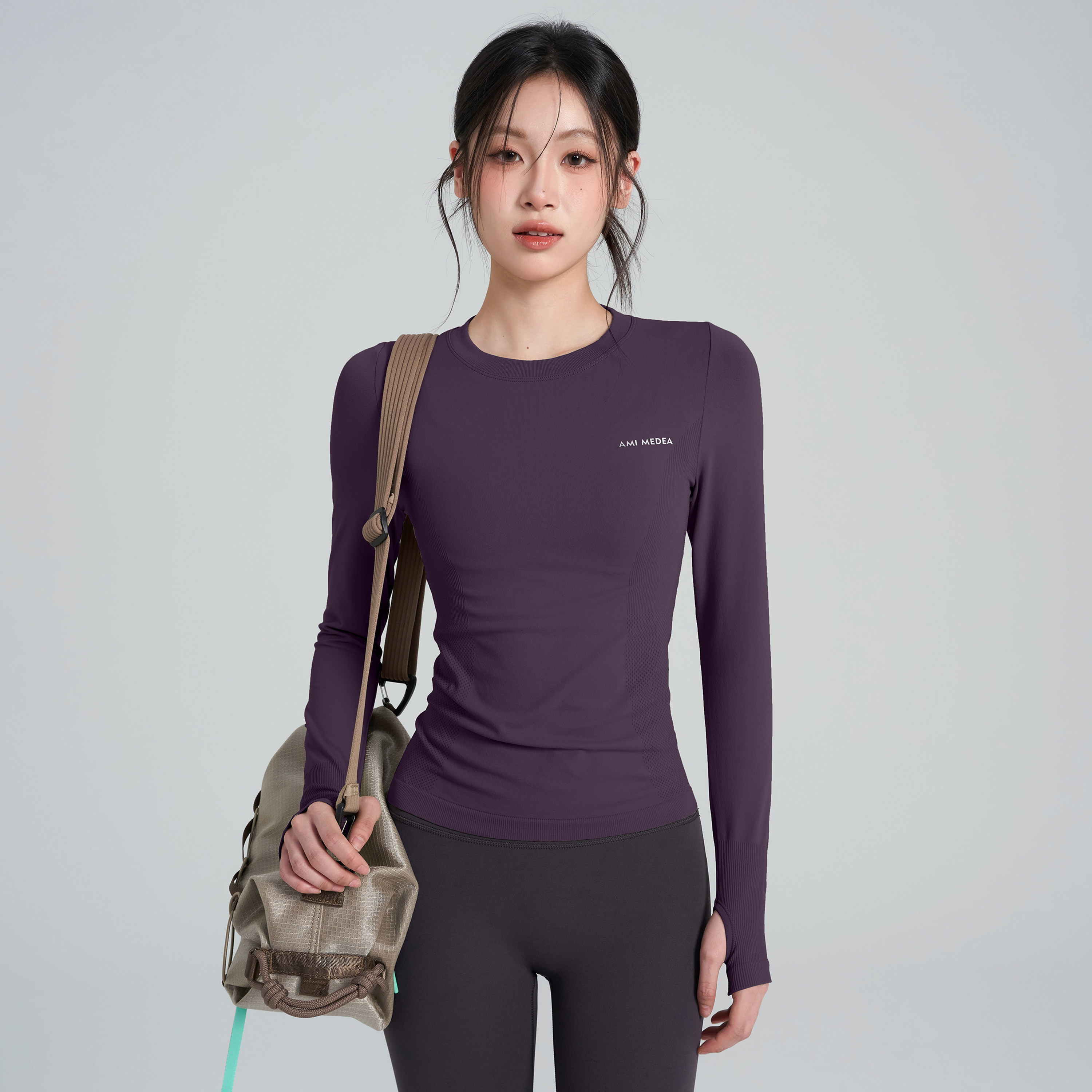 岚纹瑜伽服女秋冬速干跑步健身房长袖T恤普拉提紫色紧身运动上衣