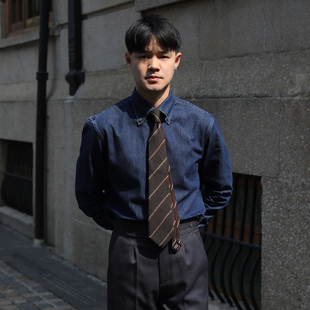 英伦复古尖领修身文艺雅痞绅士洗水棉美式日常百搭长袖牛仔衬衫