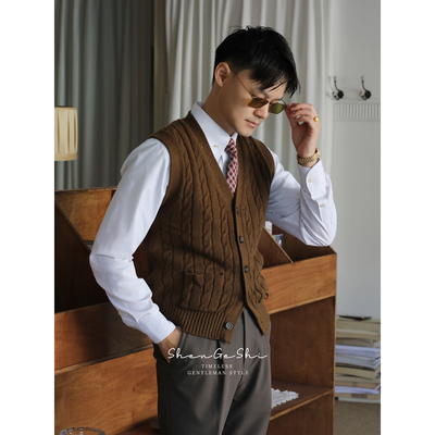 英伦复古修身V领开衫羊毛绞花毛衣马甲 老钱风保暖打底针织衫背心