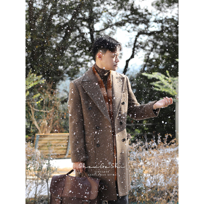 英伦复古马球大衣中长款修身外套棕色厚款双排扣羊毛呢戗驳领大衣