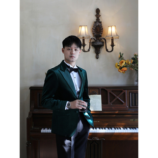 墨绿色缎面戗驳领塔士多高档礼服西装金丝绒宴会活动主持典礼西服