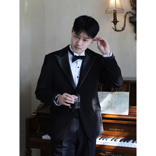 黑色缎面戗驳领塔士多礼服西装棋盘格纹抗皱修身结婚新郎婚礼西服