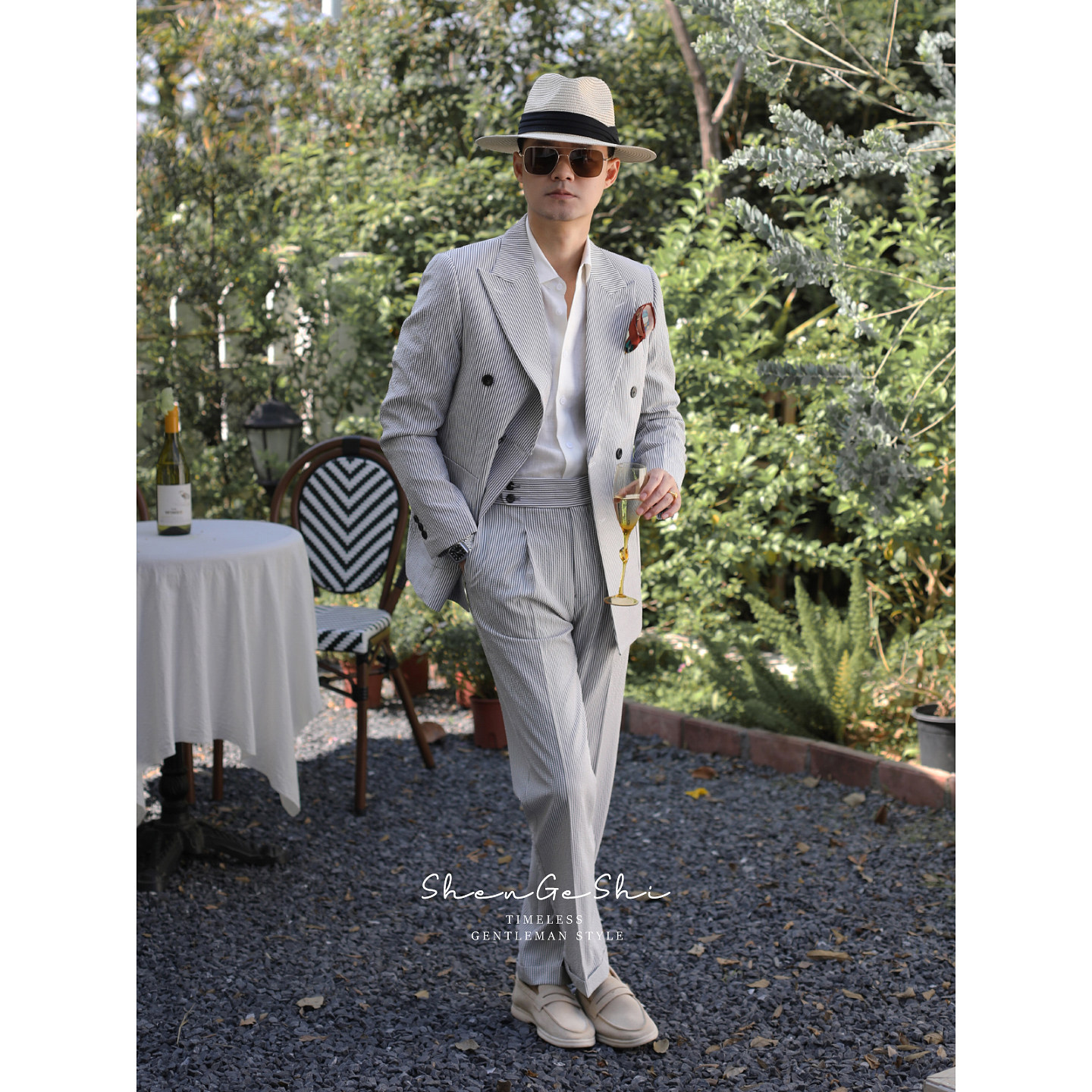 泡泡纱意式绅士双排扣西装 结婚绅士细条纹抗皱修身西服两件套装