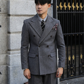 双排扣西服两件套装 商务修身 羊毛呢秋冬厚款 复古英伦人字纹条纹