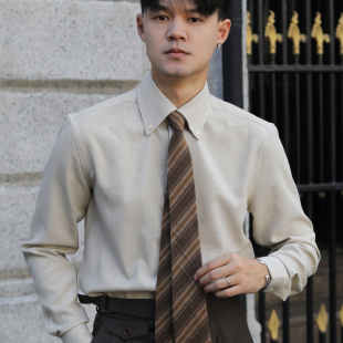 英伦复古日常格子免烫休闲衬衫意式尖领格纹文艺修身日系杏色衬衫