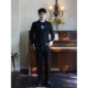 黑色缎面戗驳领拼接塔士多礼服 结婚新郎婚礼双排扣西服两件套装