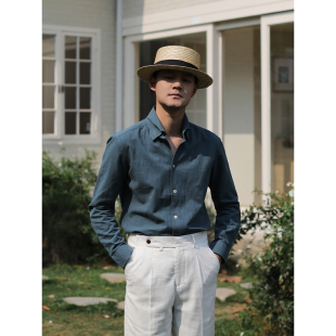 意式度假风舒适棉麻一片领清新衬衣修身休闲透气型男亚麻百搭衬衫