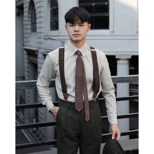 怀旧杏色衬衫 尖领格纹文艺修身 意式 英伦复古日常格子免烫休闲衬衫