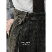 英伦复古羊毛粗花呢雅痞修身 雅痞高腰卷边长裤 西裤 人字纹毛呢厚款