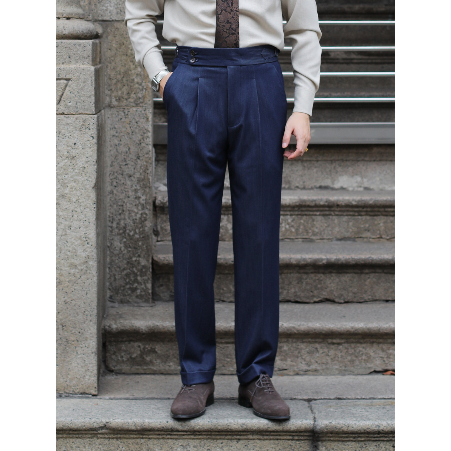 意式那不勒斯复古牛仔蓝色绅士高腰单褶直筒卷边抗皱修身长裤西裤