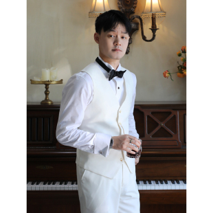 西裝 馬甲 新郎結婚婚禮單排扣米白色商務休閑V領修身 英倫風基礎款
