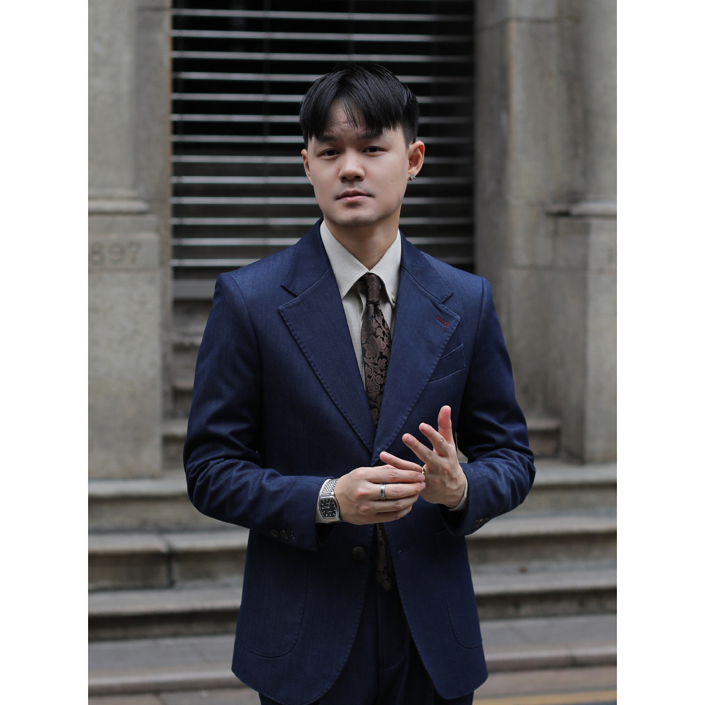 意式那不勒斯宽驳头复古牛仔色雅痞绅士西服婚纱照修身西装外套