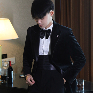 英式经典复古丝绒缎面拼接戗驳领 结婚主持晚会塔士多西装晚礼服