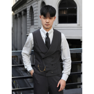 英伦复古青果领双排扣新郎结婚婚礼 浴血黑帮条纹修身西装领马甲