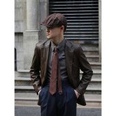 英伦复古深棕色PU皮衣修身 单排扣西装 外套雅痞绅士港风蘑菇扣西服