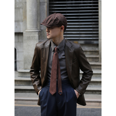 英伦复古深棕色PU皮衣修身单排扣西装外套雅痞绅士港风蘑菇扣西服