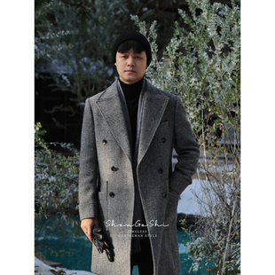 英伦复古马球大衣中长款修身外套浴血黑帮双排扣羊毛呢戗驳领大衣