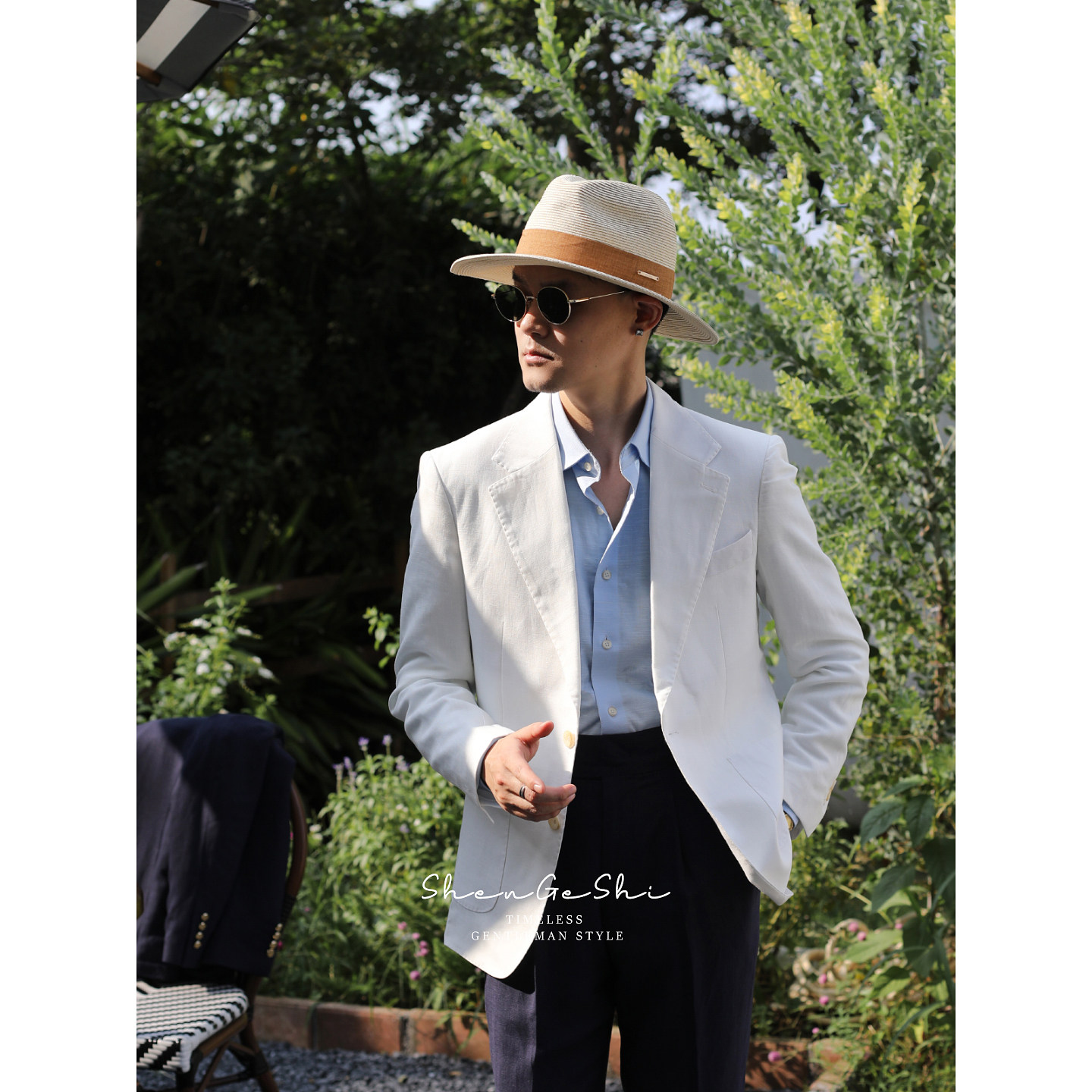 意式绅士亚麻轻薄修身透气西装英伦优雅老钱风半里布单排扣白西服