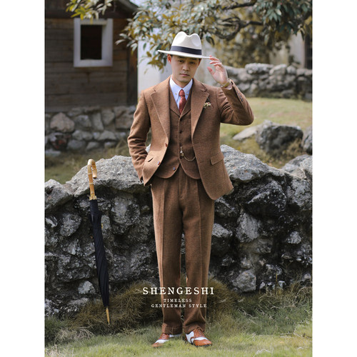 法式复古浪漫毛呢西服结婚新郎婚纱照羊毛粗花呢修身西装三件套装