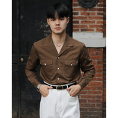 英伦复古巴领宽松日常美式 咔叽棉休闲痞帅有型绅士长袖 棕色衬衣男