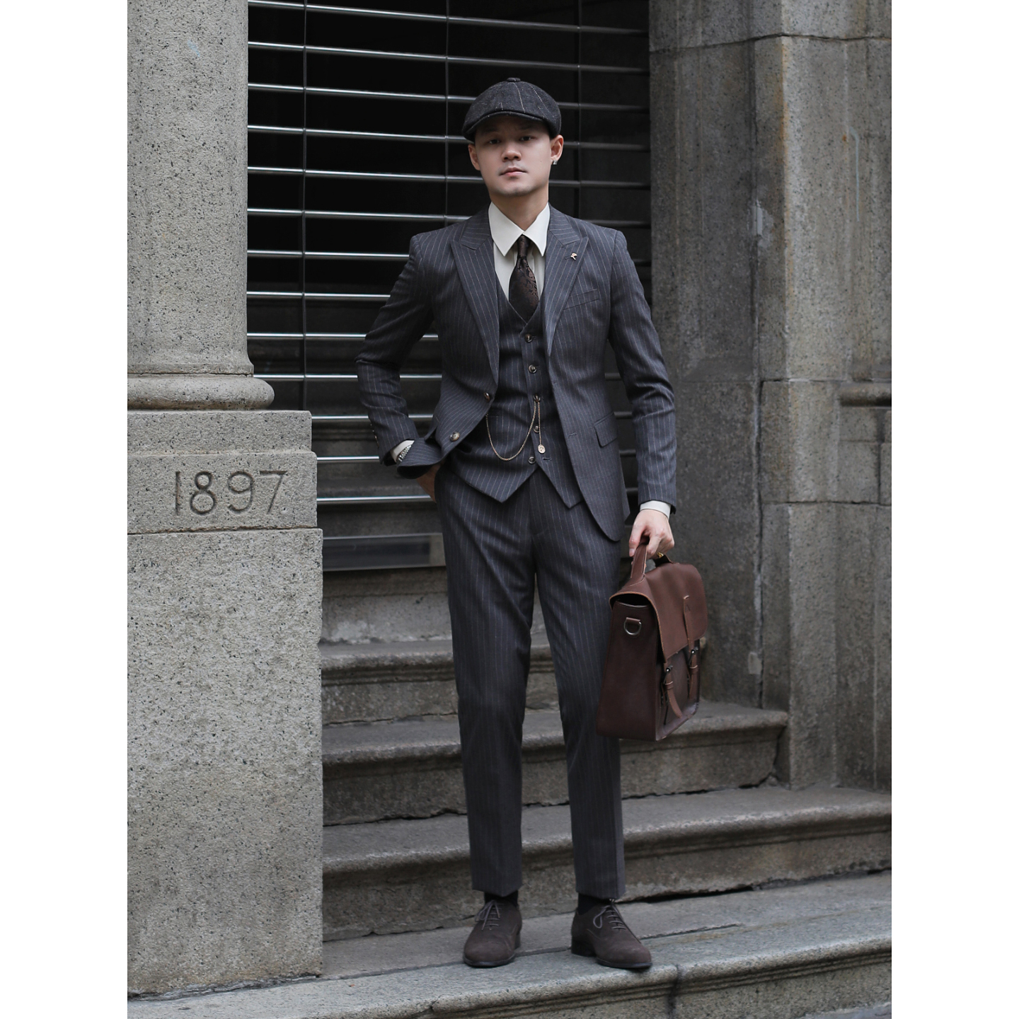 英伦复古戗驳领条纹上班通勤新郎结婚婚礼浴血黑帮修身西装三件套