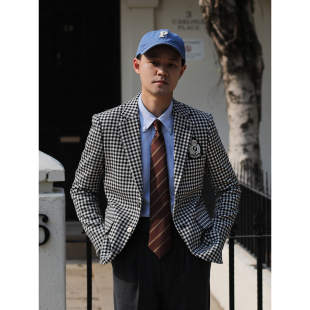 英伦经典千鸟格时尚西装宴会主持雅痞型男学院风徽章修身西服外套