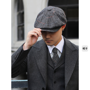 英伦复古秋冬 厚款毛呢人字纹文艺报童帽浴血黑帮贝雷帽八角帽子