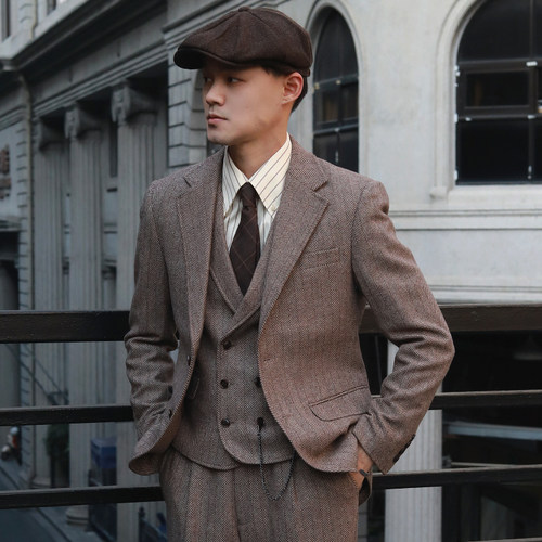 羊毛粗花呢人字纹修身西装外套