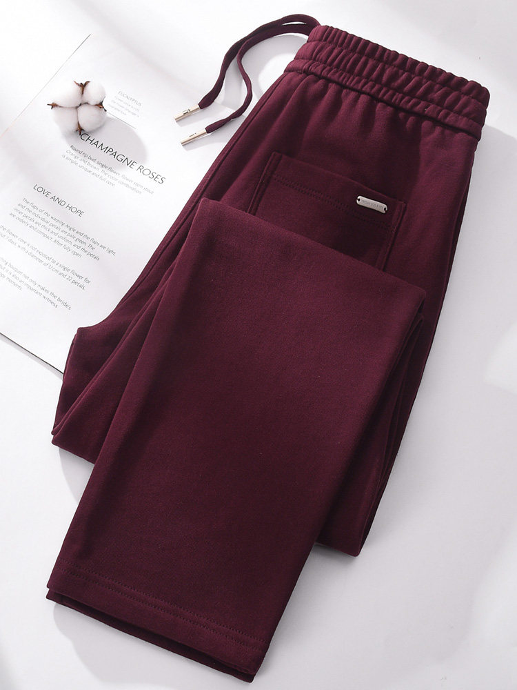 枣红卫裤女春秋毛圈纯棉女裤宽松大码直筒运动裤冬季加绒休闲裤子