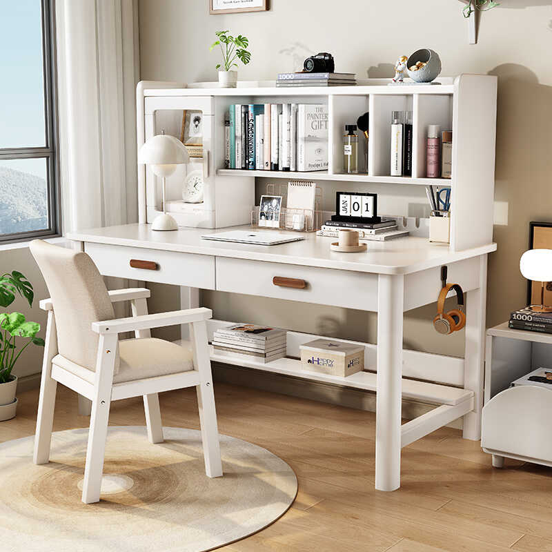 实木书桌书架书柜一体写字桌