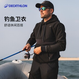 迪卡侬休闲个性卫衣钓鱼路亚防泼水抓绒长袖连帽套头卫衣保暖OVFI