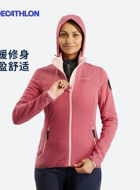 迪卡侬户外抓绒衣女加厚保暖加绒仿羊羔绒 带帽外套夹克ODF