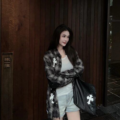 vivi老板娘早秋新款衬衫格子小皮标男女同款