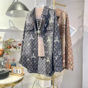 2025秋季新款牛仔衬衫水洗提花烫钻宽松时髦休闲复古风老花外套女