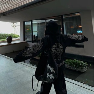 宽松连帽卫衣烫钻复古秋冬男女同款