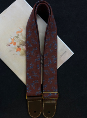 【原创】中古Vintage勃艮第红蓝撞色花纹 意大利皮革工艺吉他背带