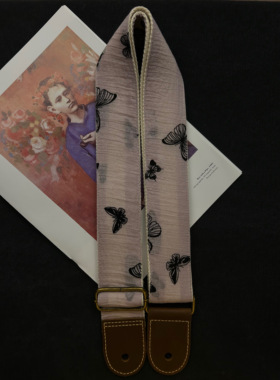 【原创】Loudspeaker 意大利皮革工艺烟紫色褶皱刺绣蝴蝶吉他背带