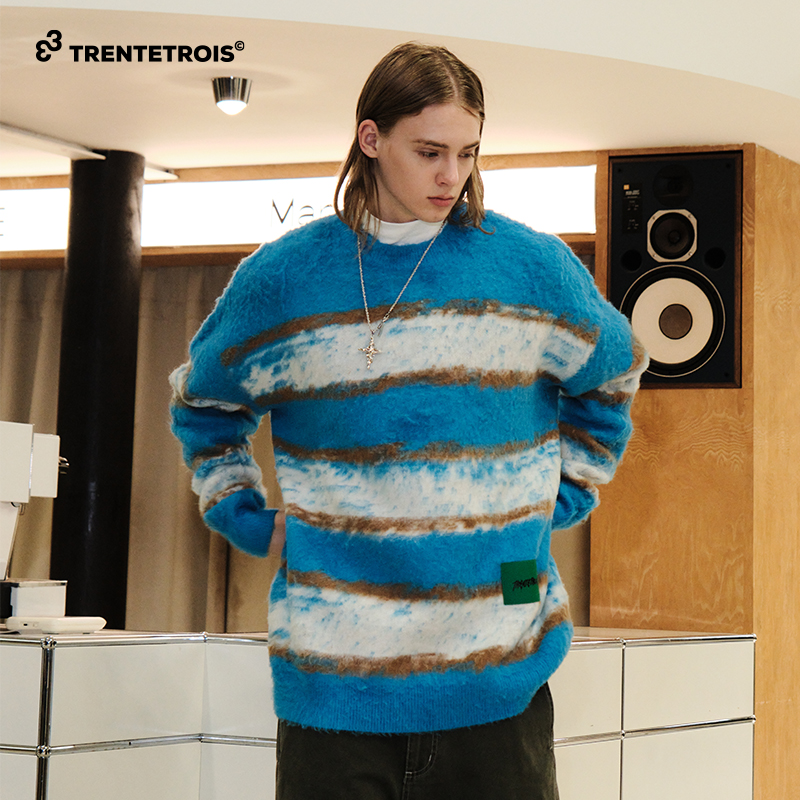 33TRENTETROIS潮牌条纹毛衫刷毛工艺设计潮流个性复古条纹针织衫