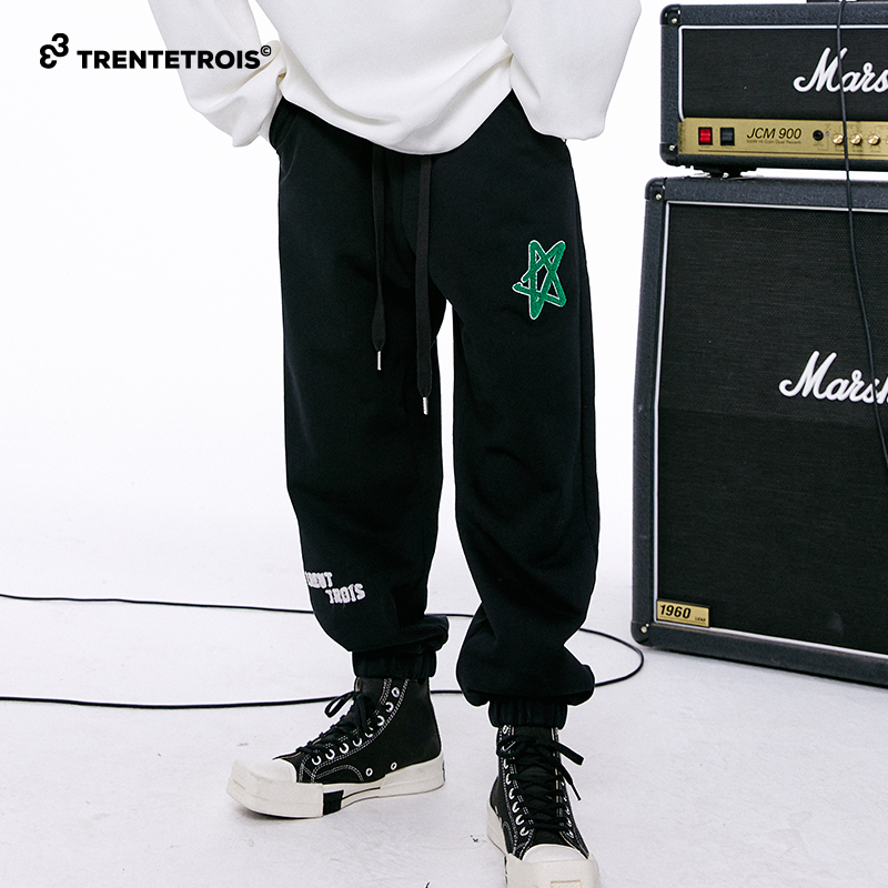 33潮牌休闲裤毛巾绣工艺装饰针织面料宽松廓形潮流裤子