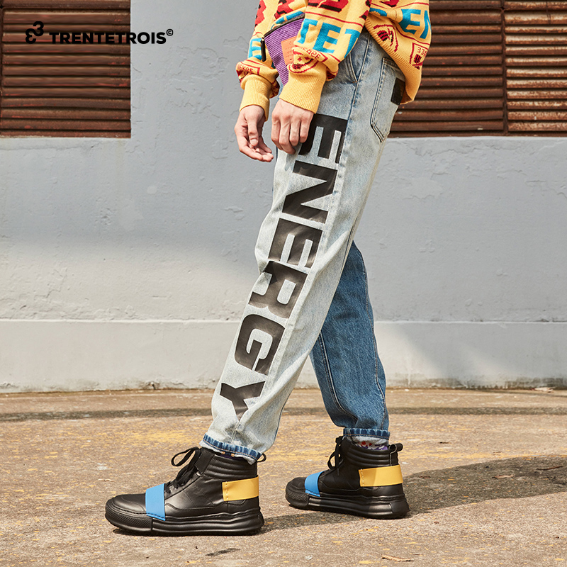 拼色水洗印花时尚纯棉牛仔裤子